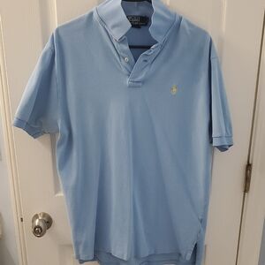 Men's Large Polo by Ralph Lauren Light Blue Polo Shirt Casual Fit Yellow Logo